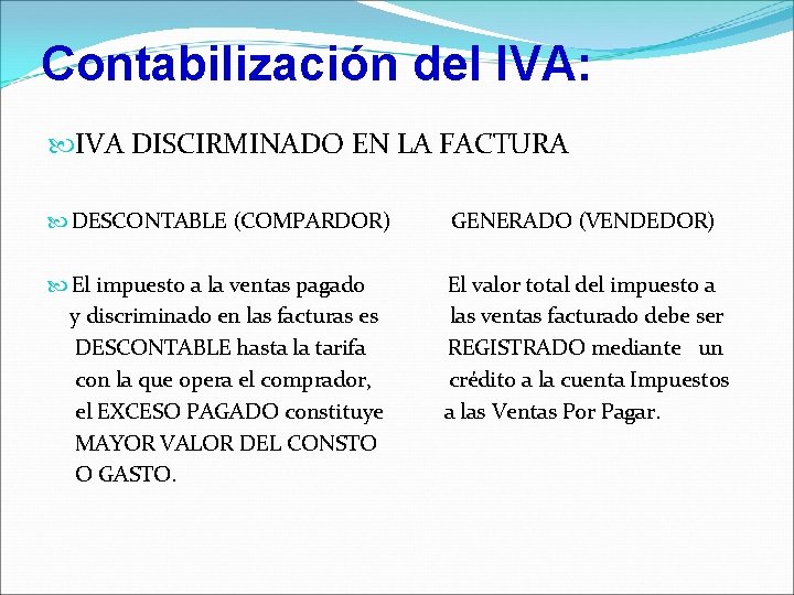 Contabilización del IVA: IVA DISCIRMINADO EN LA FACTURA DESCONTABLE (COMPARDOR) GENERADO (VENDEDOR) El impuesto