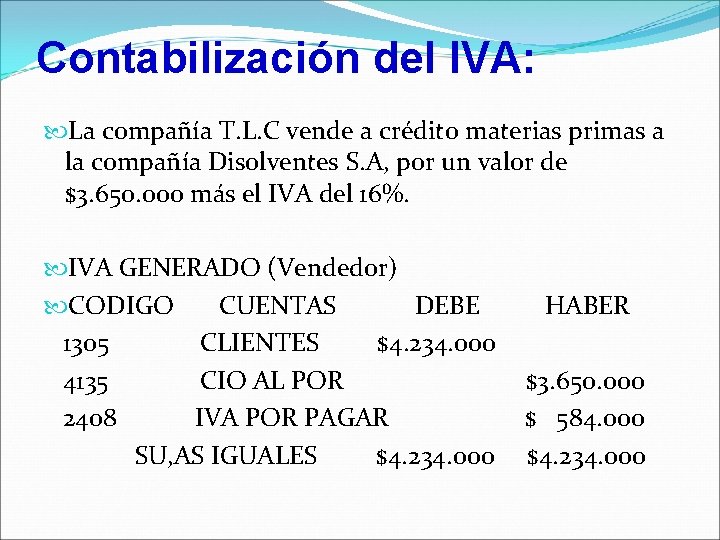 Contabilización del IVA: La compañía T. L. C vende a crédito materias primas a