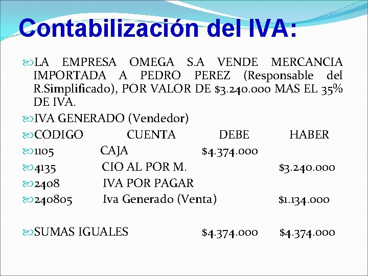 Contabilización del IVA: LA EMPRESA OMEGA S. A VENDE MERCANCIA IMPORTADA A PEDRO PEREZ