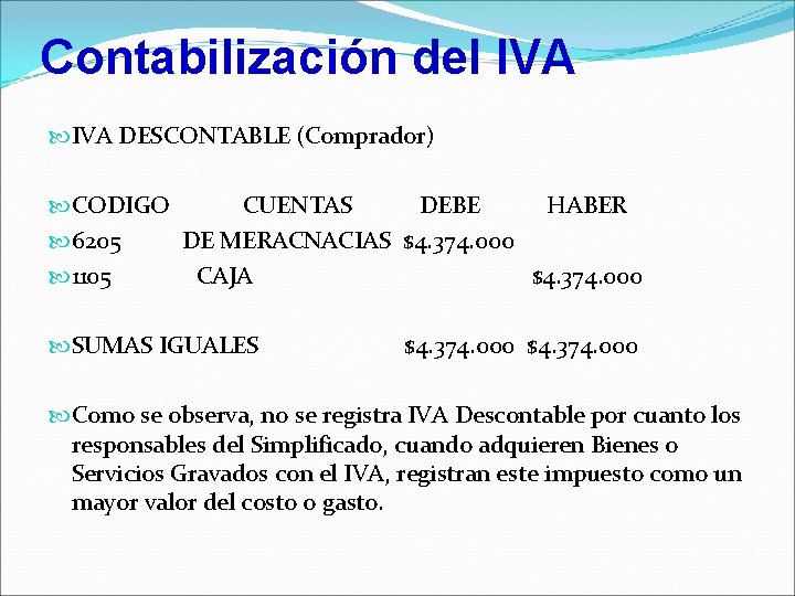 Contabilización del IVA DESCONTABLE (Comprador) CODIGO CUENTAS DEBE HABER 6205 DE MERACNACIAS $4. 374.