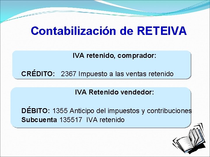 Contabilización de RETEIVA retenido, comprador: CRÉDITO: 2367 Impuesto a las ventas retenido IVA Retenido