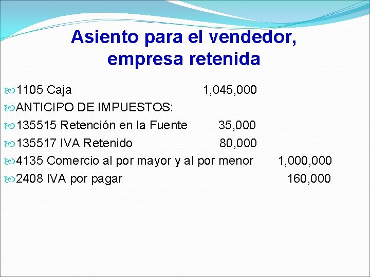 Asiento para el vendedor, empresa retenida 1105 Caja 1, 045, 000 ANTICIPO DE IMPUESTOS: