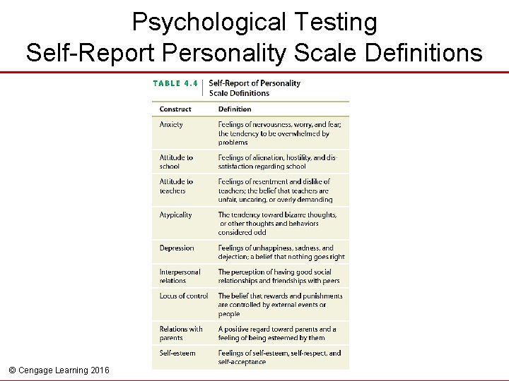 Psychological Testing Self-Report Personality Scale Definitions © Cengage Learning 2016 