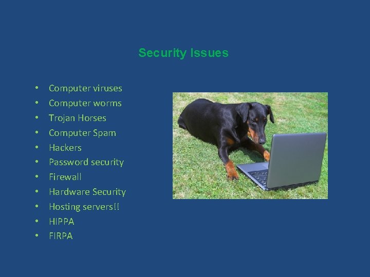 Security Issues • • • Computer viruses Computer worms Trojan Horses Computer Spam Hackers
