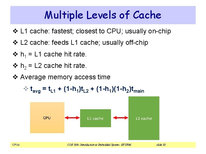 Multiple Levels of Cache v L 1 cache: fastest; closest to CPU; usually on-chip Multiple Levels of Cache v L 1 cache: fastest; closest to CPU; usually on-chip