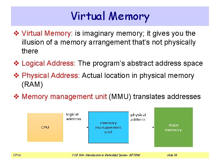 Virtual Memory v Virtual Memory: is imaginary memory; it gives you the illusion of Virtual Memory v Virtual Memory: is imaginary memory; it gives you the illusion of