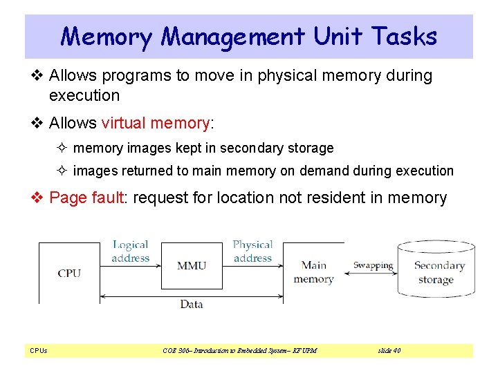 Memory Management Unit Tasks v Allows programs to move in physical memory during execution Memory Management Unit Tasks v Allows programs to move in physical memory during execution