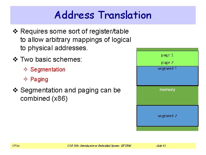 Address Translation v Requires some sort of register/table to allow arbitrary mappings of logical Address Translation v Requires some sort of register/table to allow arbitrary mappings of logical