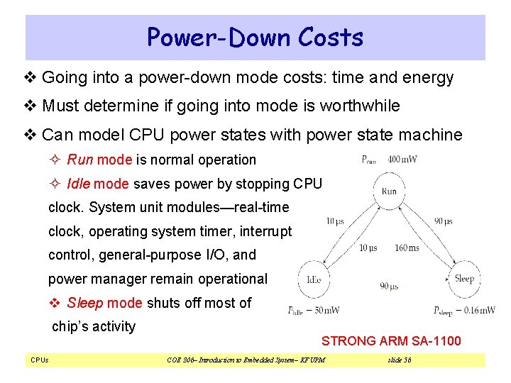Power-Down Costs v Going into a power-down mode costs: time and energy v Must Power-Down Costs v Going into a power-down mode costs: time and energy v Must