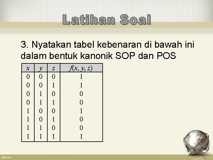 Latihan Soal 3. Nyatakan tabel kebenaran di bawah ini dalam bentuk kanonik SOP dan