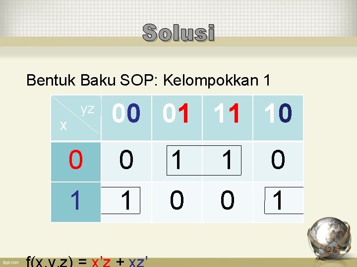 Solusi Bentuk Baku SOP: Kelompokkan 1 x yz 00 01 11 10 0 0