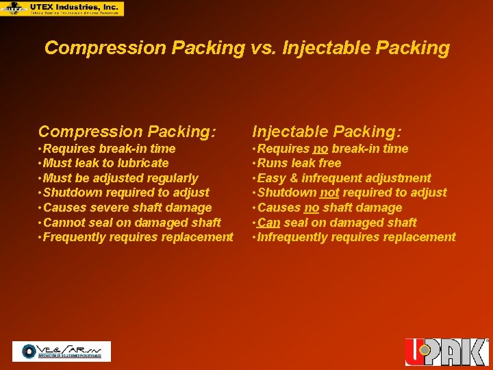 Compression Packing vs. Injectable Packing Compression Packing: Injectable Packing: • Requires break-in time •