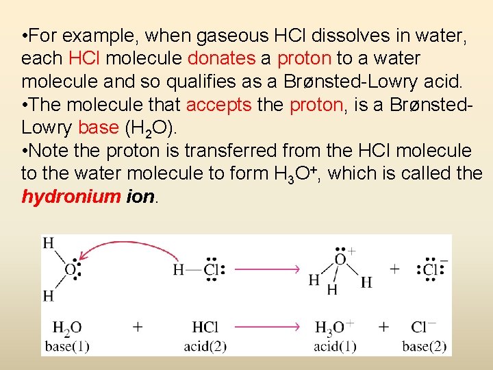  • For example, when gaseous HCl dissolves in water, each HCl molecule donates