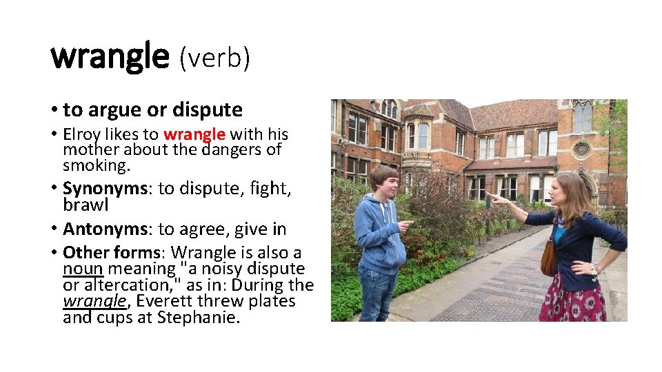 wrangle (verb) • to argue or dispute • Elroy likes to wrangle with his