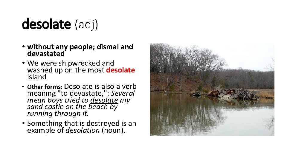 desolate (adj) • without any people; dismal and devastated • We were shipwrecked and