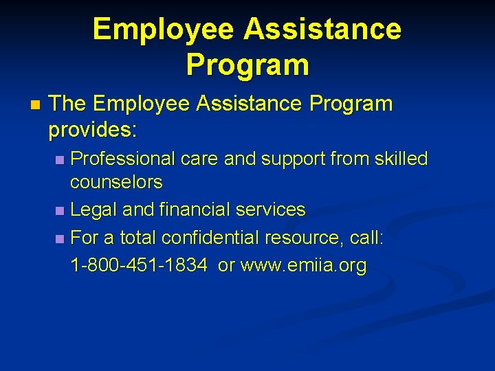 Employee Assistance Program n The Employee Assistance Program provides: Professional care and support from