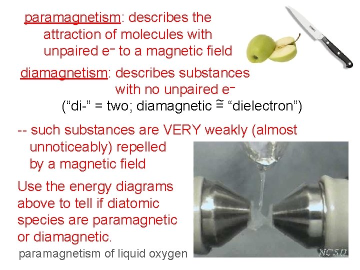 paramagnetism: describes the attraction of molecules with unpaired e– to a magnetic field diamagnetism: