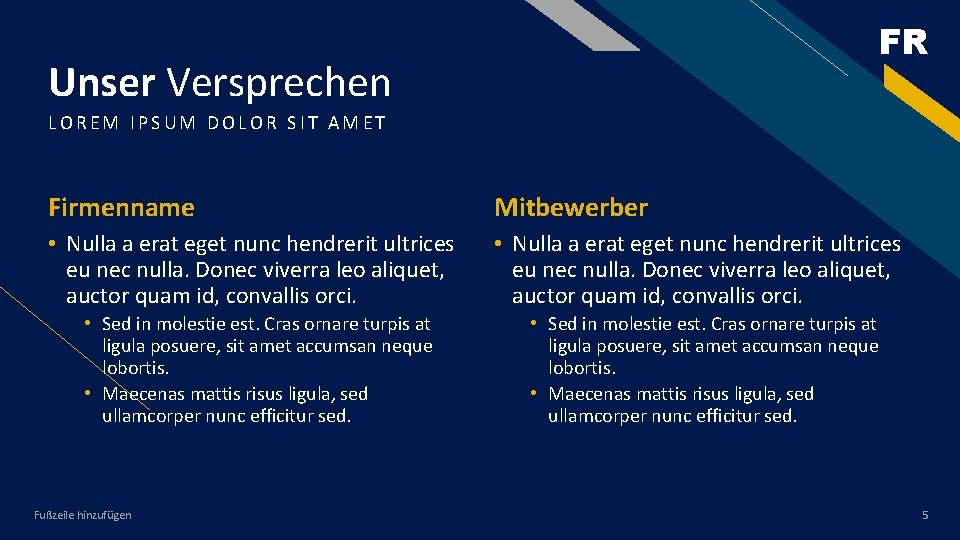 FR Unser Versprechen LOREM IPSUM DOLOR SIT AMET Firmenname Mitbewerber • Nulla a erat