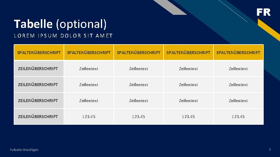 FR Tabelle (optional) LOREM IPSUM DOLOR SIT AMET SPALTENÜBERSCHRIFT SPALTENÜBERSCHRIFT ZEILENÜBERSCHRIFT Zeilentext Zeilentext ZEILENÜBERSCHRIFT