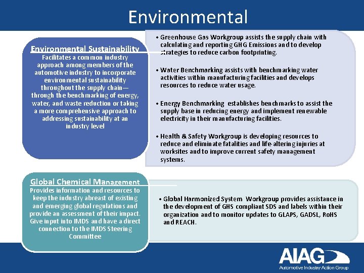 Environmental Sustainability Facilitates a common industry approach among members of the automotive industry to