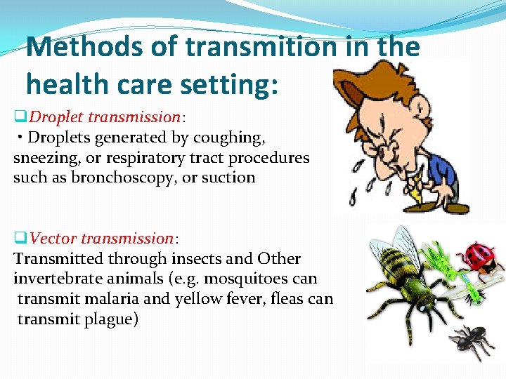 Methods of transmition in the health care setting: q Droplet transmission: • Droplets generated