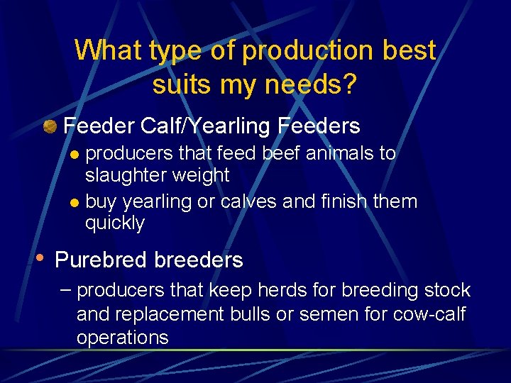 What type of production best suits my needs? Feeder Calf/Yearling Feeders producers that feed