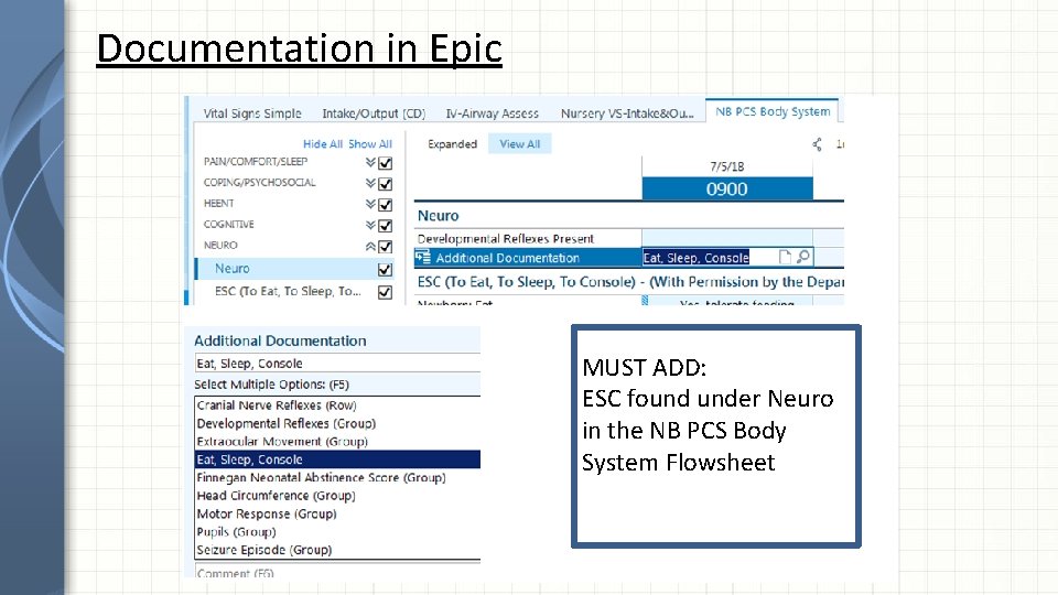 Documentation in Epic MUST ADD: ESC found under Neuro in the NB PCS Body