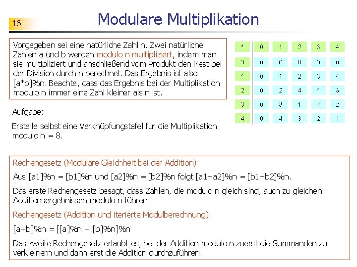 16 Modulare Multiplikation Vorgegeben sei eine natürliche Zahl n. Zwei natürliche Zahlen a und