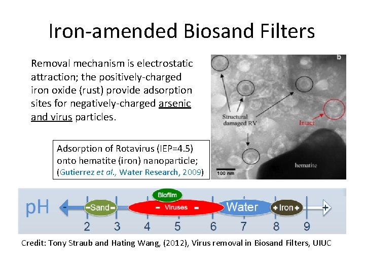 Iron-amended Biosand Filters Removal mechanism is electrostatic attraction; the positively-charged iron oxide (rust) provide