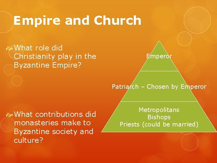 Empire and Church What role did Christianity play in the Byzantine Empire? Emperor Patriarch