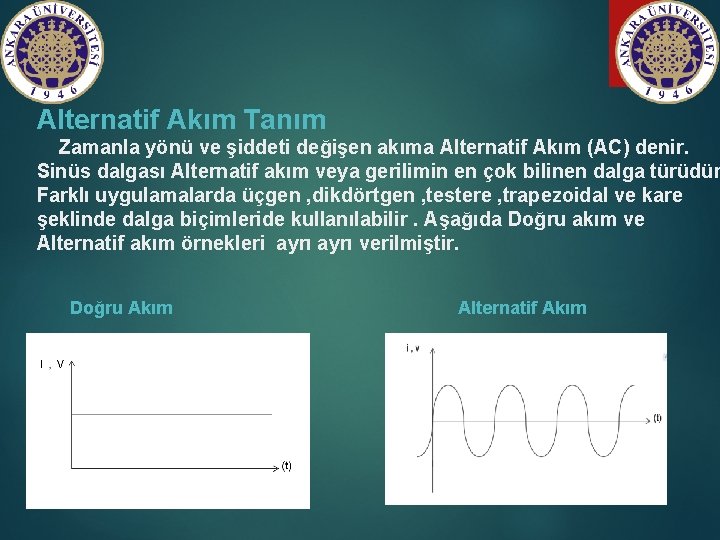 Alternatif Akım Tanım Zamanla yönü ve şiddeti değişen akıma Alternatif Akım (AC) denir. Sinüs