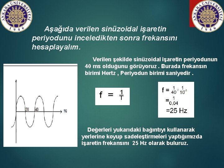  Aşağıda verilen sinüzoidal işaretin periyodunu inceledikten sonra frekansını hesaplayalım. Verilen şekilde sinüzoidal işaretin