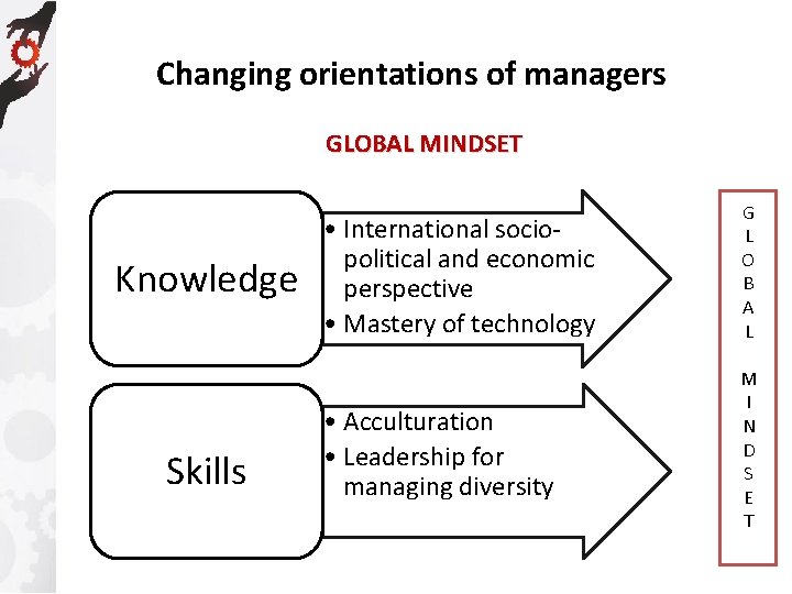 Changing orientations of managers GLOBAL MINDSET Knowledge Skills • International sociopolitical and economic perspective