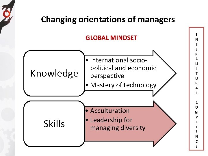 Changing orientations of managers GLOBAL MINDSET Knowledge Skills • International sociopolitical and economic perspective