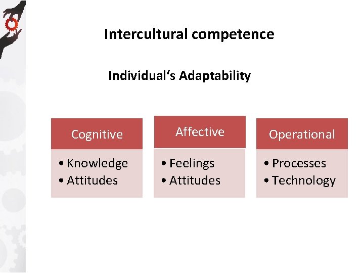 Intercultural competence Individual‘s Adaptability Cognitive • Knowledge • Attitudes Affective Operational • Feelings •