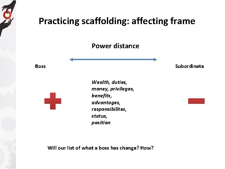 Practicing scaffolding: affecting frame Power distance Boss Subordinate Wealth, duties, money, privileges, benefits, advantages,