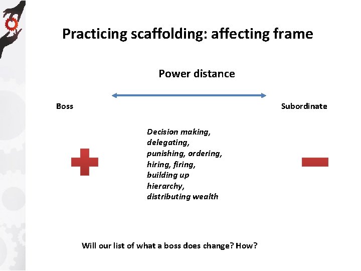 Practicing scaffolding: affecting frame Power distance Boss Subordinate Decision making, delegating, punishing, ordering, hiring,