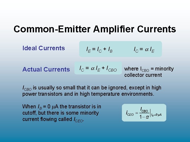 Common-Emitter Amplifier Currents Ideal Currents Actual Currents IE = IC + IB IC = Common-Emitter Amplifier Currents Ideal Currents Actual Currents IE = IC + IB IC =