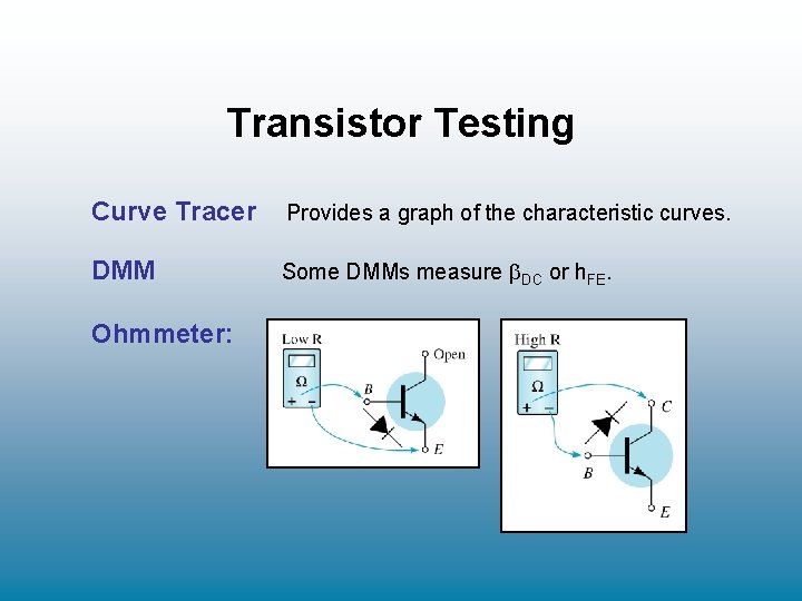 Transistor Testing Curve Tracer Provides a graph of the characteristic curves. DMM Some DMMs Transistor Testing Curve Tracer Provides a graph of the characteristic curves. DMM Some DMMs