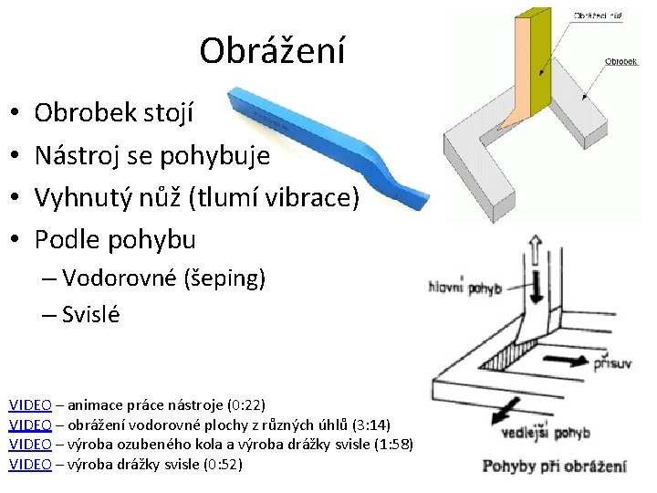 Obrážení • • Obrobek stojí Nástroj se pohybuje Vyhnutý nůž (tlumí vibrace) Podle pohybu