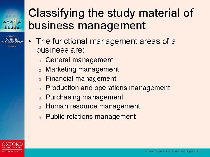 Classifying the study material of business management • The functional management areas of a