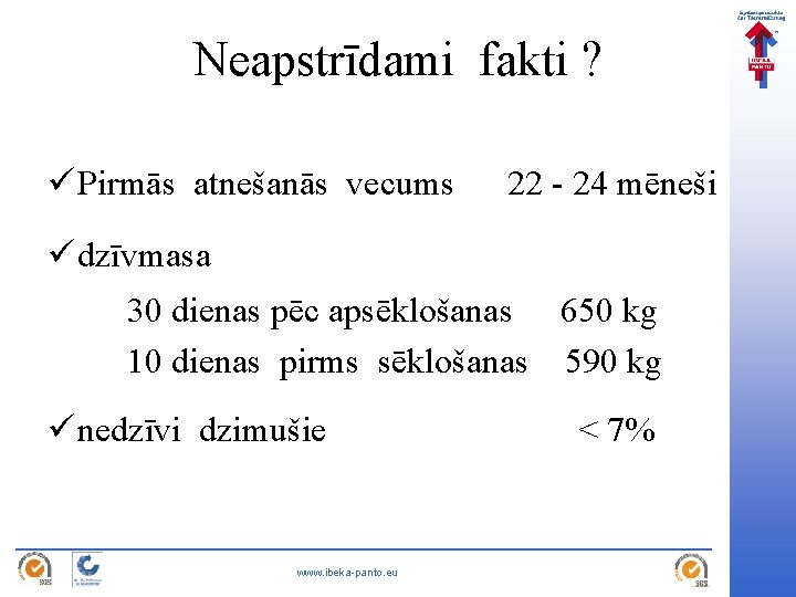 Neapstrīdami fakti ? ü Pirmās atnešanās vecums 22 - 24 mēneši ü dzīvmasa 30