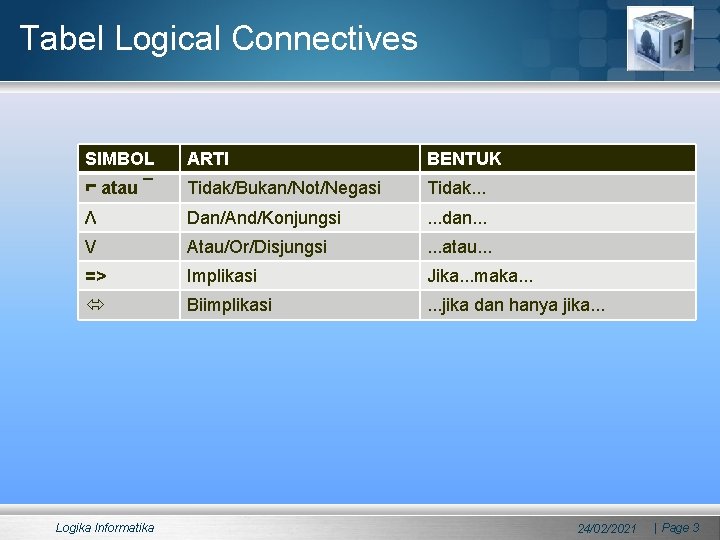Tabel Logical Connectives SIMBOL ARTI BENTUK ⌐ atau ¯ Tidak/Bukan/Not/Negasi Tidak. . . Λ