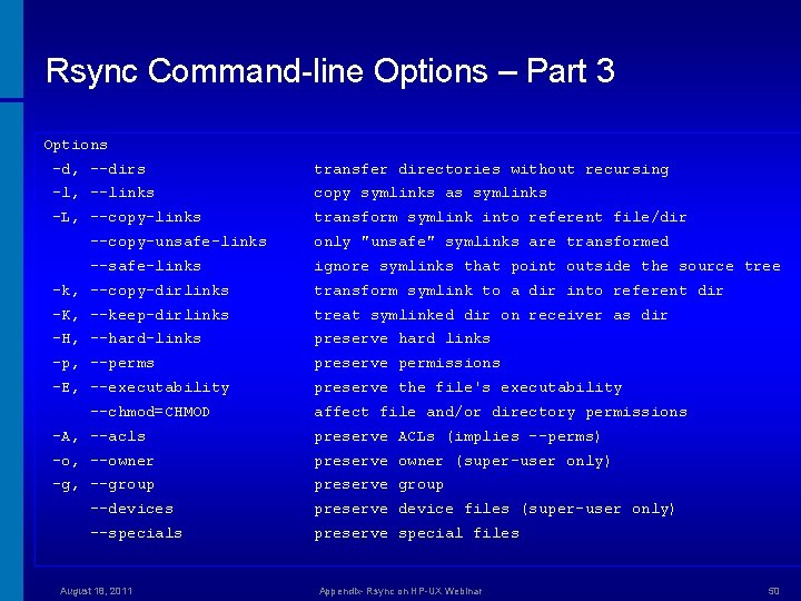 Rsync Command-line Options – Part 3 Options -d, --dirs transfer directories without recursing -l,