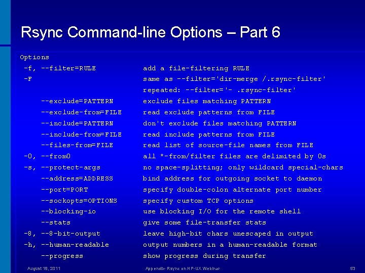 Rsync Command-line Options – Part 6 Options -f, --filter=RULE add a file-filtering RULE -F