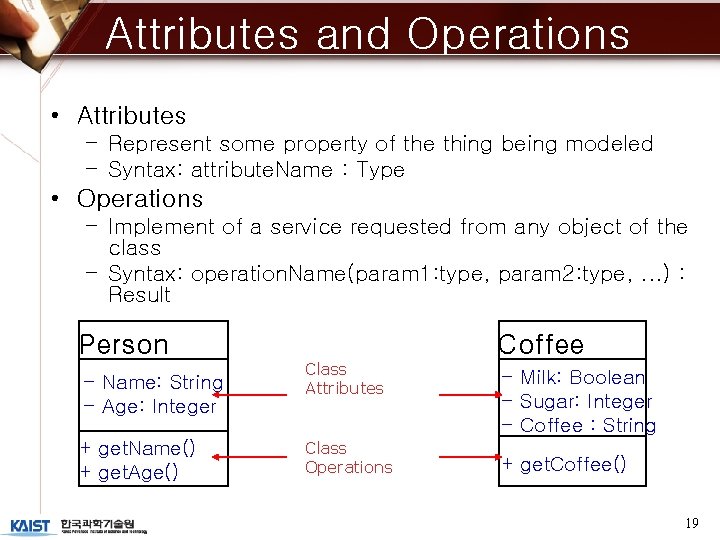 Attributes and Operations • Attributes – Represent some property of the thing being modeled