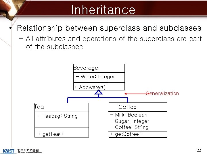 Inheritance • Relationship between superclass and subclasses – All attributes and operations of the