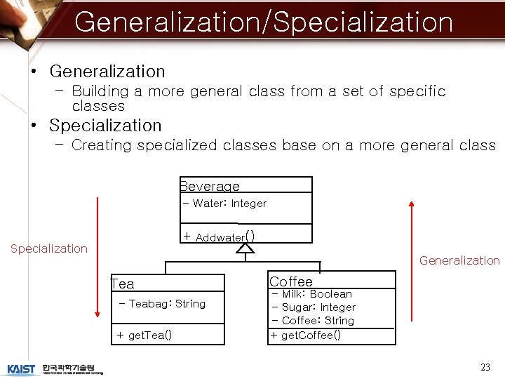 Generalization/Specialization • Generalization – Building a more general class from a set of specific