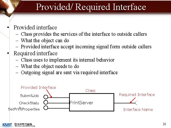 Provided/ Required Interface • Provided interface – Class provides the services of the interface