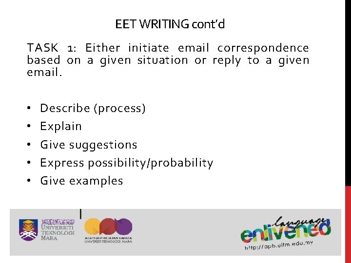 EET WRITING cont’d TASK 1: Either initiate email correspondence based on a given situation